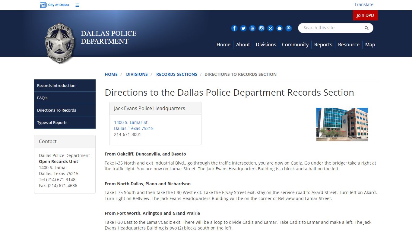 Directions to Records - Dallas Police Department